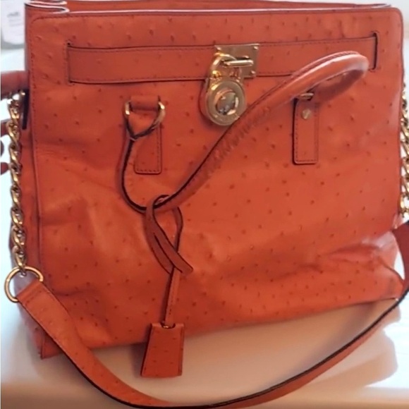 MICHAEL KORS Orange Hamilton Ostrich Embossed Leather Satchel Handbag, Rare. EUC - Picture 2 of 4